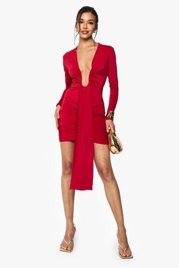 Slinky Plunge Ruched Mini Dress red