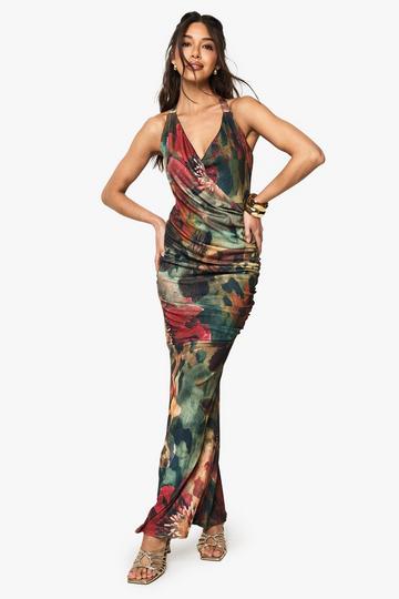 Floral Halterneck Cowl Maxi Dress green