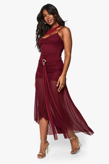Ruched Mesh Drape Midaxi Dress wine