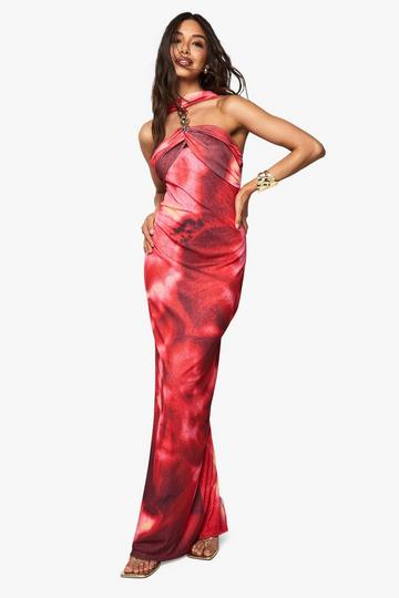 Floral Halterneck Chain Detail Maxi Dress red