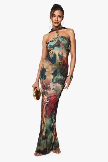 Floral Halterneck Chain Detail Maxi Dress green