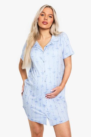 Maternity Bow Print Button Through Collar Nightie blue