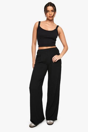 Textured Pleat Detail Wide Leg Trouser black