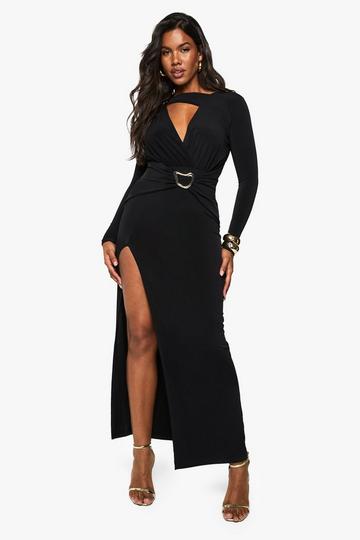 Plunge Gold Trim Maxi Dress black