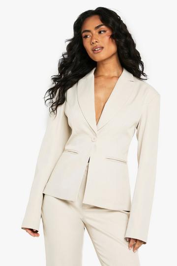 Shoulder Pad Cinched Waist Tailored Blazer stone