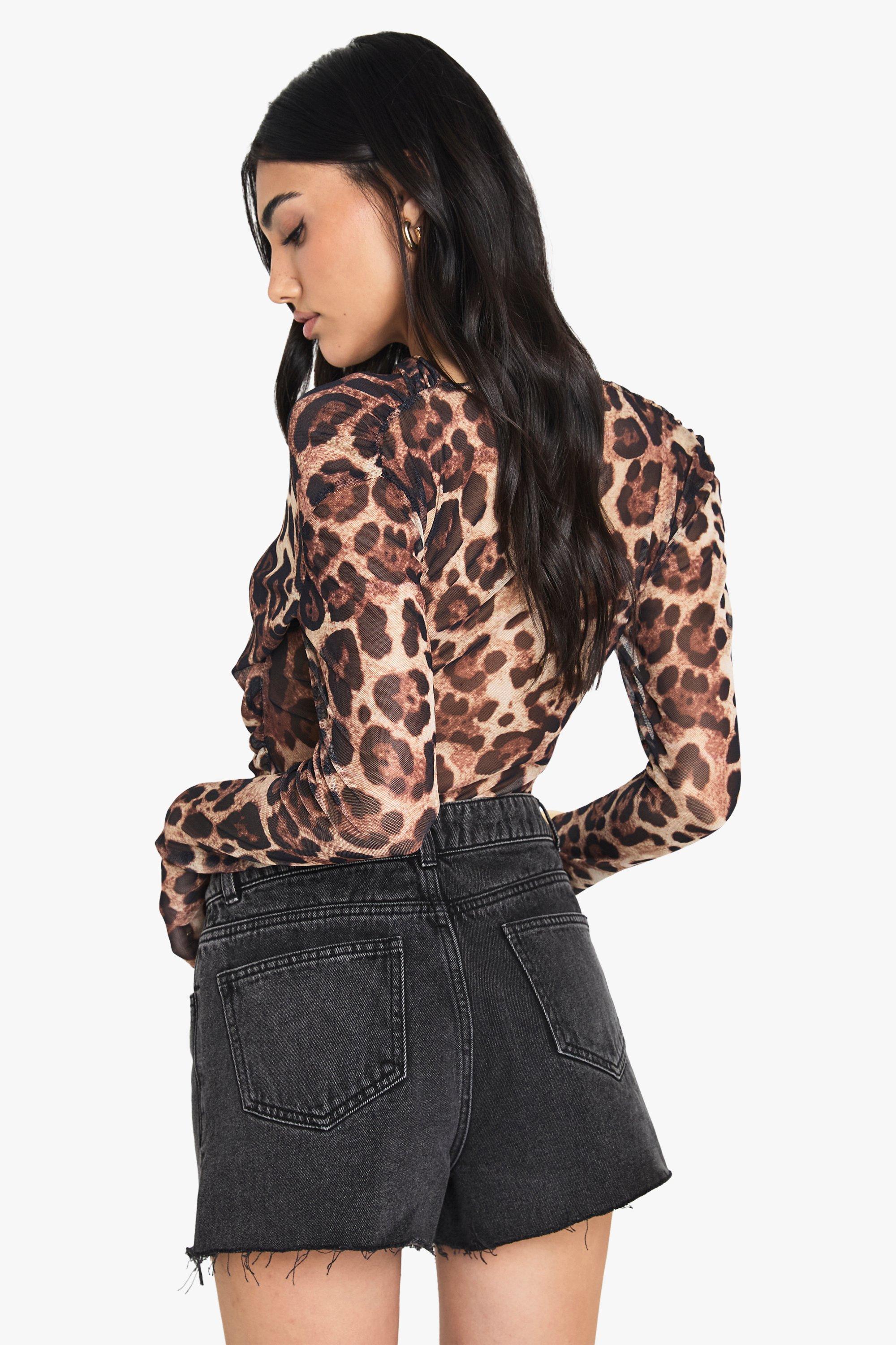 お歳暮 のし Leopard USA boohoo | Bodysuit Over Cross Sleeve Flare Mesh トップス