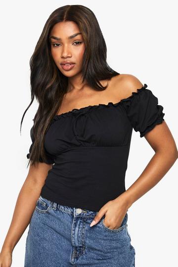 FRILL TRIM PUFF SLEEVE MILKMAID TOP black