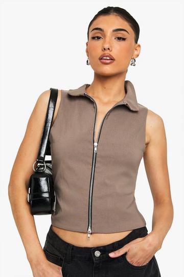 Bengaline Double Zip Collared Top mocha