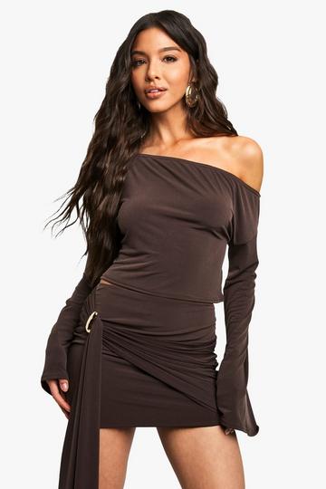 Slinky Off The Shoulder Slouchy Long Sleeve Top chocolate