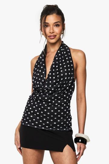 Polka Dot Mesh Halter neck Cowl Top black