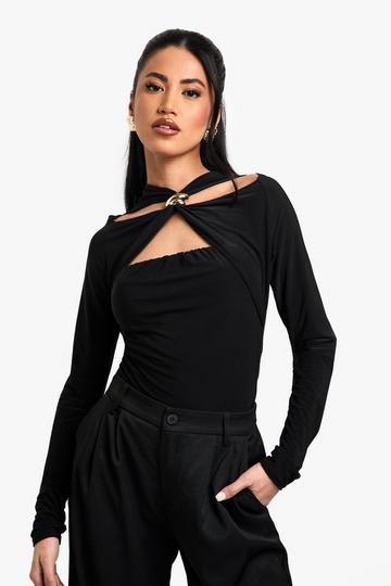 Double Layer Slinky Trim Detail Cut Out Bodysuit black