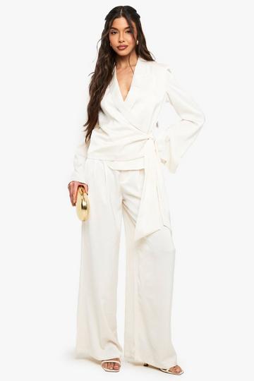 Satin Pleated Wide Leg Trouser ivory
