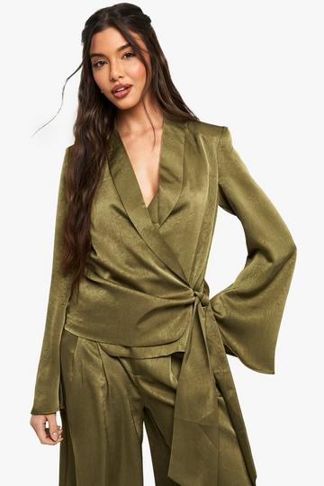 Blouse cache-cœur satinée khaki