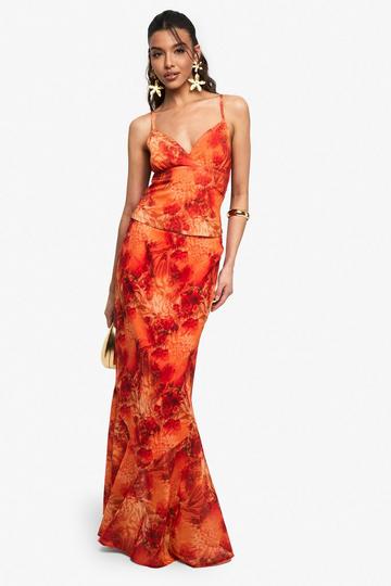 Chiffon Floral Print Maxi Skirt orange