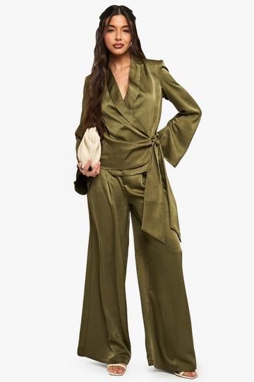 Satin Pleated Wide Leg Trouser khaki