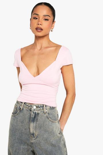 Super Soft Cap Sleeve Plunge Front Top baby pink