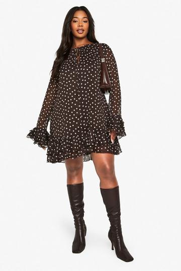 Brown Plus Polka Dot Chiffon Smock Dress