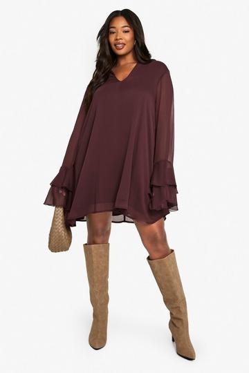 Plus Gesmokte Chiffon Jurk Met Hals Strik plum