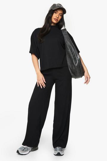 Oversized Geribbelde Top Met Korte Mouwen En Wide Leg Broek Set black