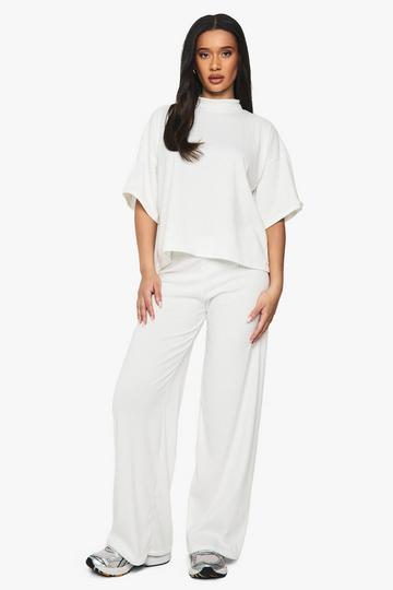 RIB OVERSIZED SHORT SLEEVE TOP & WIDE LEG TROUSER SET cream