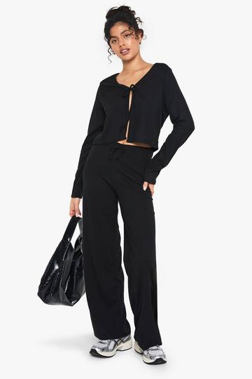 RIB TIE FRONT LONG SLEEVE TOP AND DRAWSTRING STRAGHT LEG TROUSER SET black