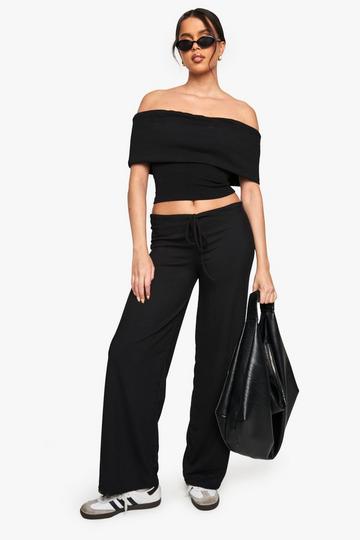 RIB FOLDOVER BARDOT TOP AND STRAIGHT LEG TROUSER SET black