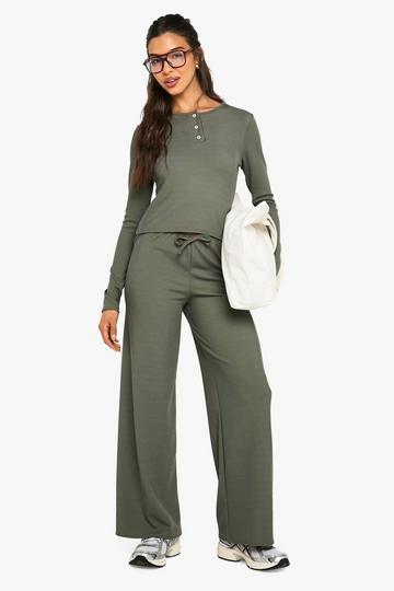 Rib Button Up Long Sleeve Crop Top And Drawstring Trouser Set khaki