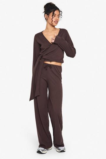 RIB WRAP OVER TIE DETAIL TOP & TROUSER SET chocolate