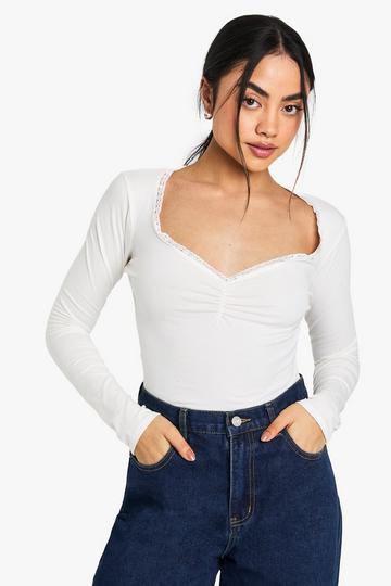 White JERSEY LACE TRIM RUCHED BUST LONG SLEEVE TOP