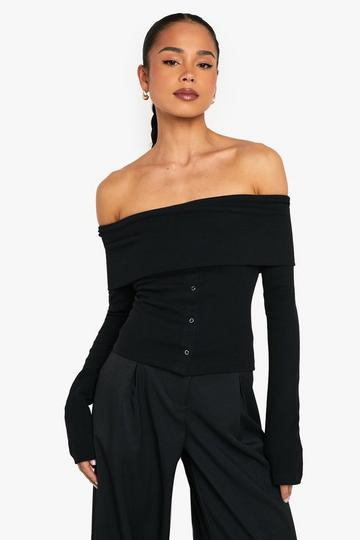 POPPER DETAIL OFF THE SHOULDER LONG SLEEVE TOP black