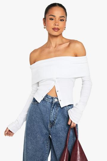 POPPER DETAIL OFF THE SHOULDER LONG SLEEVE TOP white