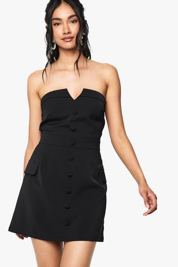 Button Front Bandeau Tailored Mini Dress black