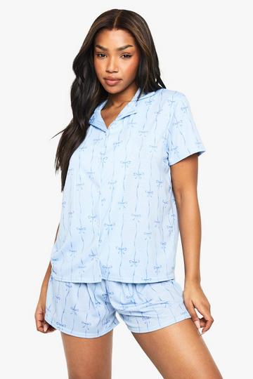 Mixed Bow & Stripe Print Short Sleeve Shirt & Shorts Pyjama Set blue