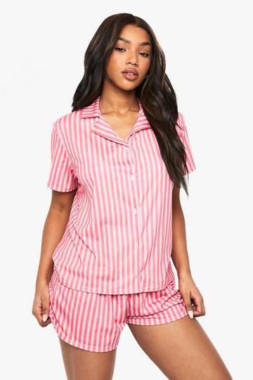 Stripe Print Short Sleeve Shirt & Shorts Pyjama Set pink