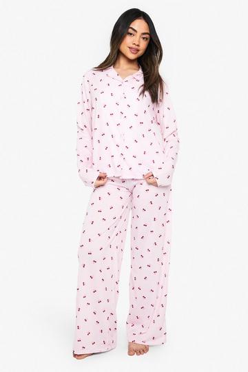 Cherry Print Shirt & Trouser Pyjama Set pink