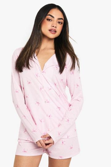 Gestreepte Pyjama Blouse Met Strik En Lange Mouwen En Shorts Set pink