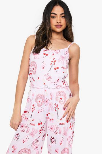 Pink Mixed Print Lettuce Hem Cami & Trousers Pyjama Set