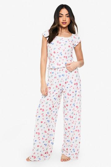 Fruit Print Button Detail Short Sleeve Top & Trousers Pyjama Set cream