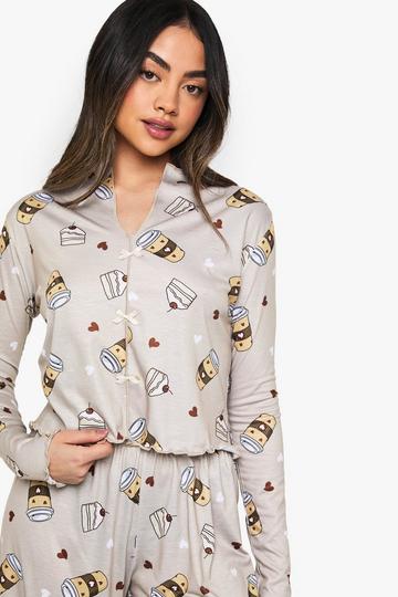 Coffee Print Bow Detail Long Sleeve Top & Trousers Pyjama Set mocha