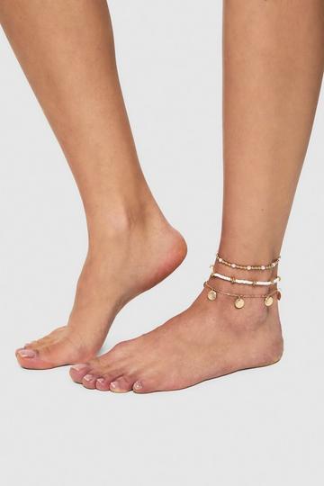 Beaded Shell Charm Anklet 3 Pack gold
