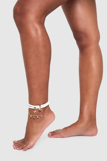 Beaded Ocean Charm Anklet 3 Pack white