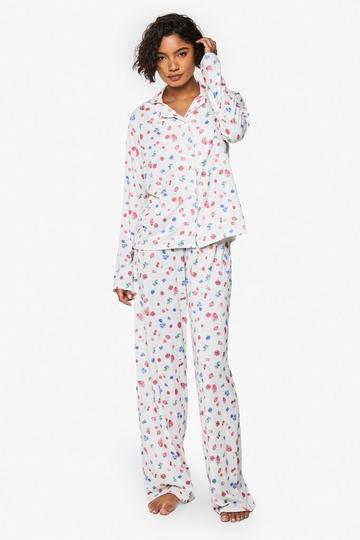 White Tall Fruit Print Shirt & Trouser Pyjama Set