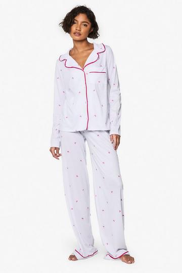 White Tall Bow Printed Shirt & Trouser Pyjama Set