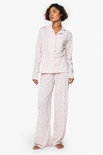 Tall Pyjama Set Met Blouse Met Strik, Print En Broek pink