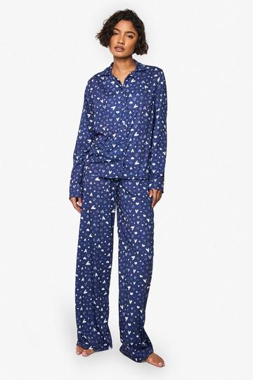 Tall Marineblauwe Pyjama Set Met Hartjes Blouse En Broek navy