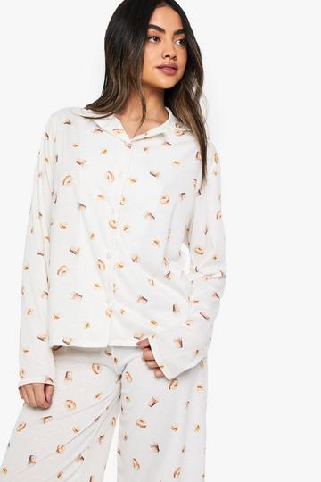 Mixed Iced Coffee & Doughnut Print Long Sleeve Shirt & Trousers Pyjama Set cream