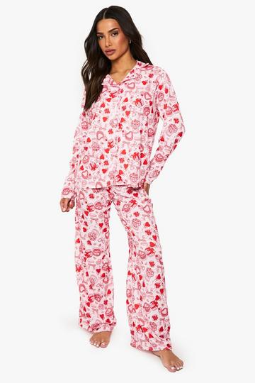 Cream White Petite Pink Printed Shirt and Trouser Pyjama Set