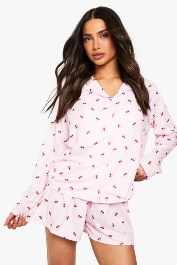 Petite Kersen Pyjama Set Met Lange Shorts En Blouse Top pink