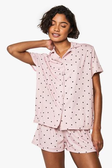 Tall Heart Print Shirt and Short Pyjama Set nude