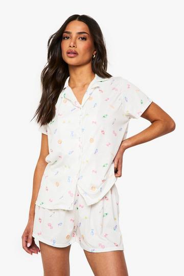 Cream White Petite Sweet Print Shirt and Short Pyjama Set